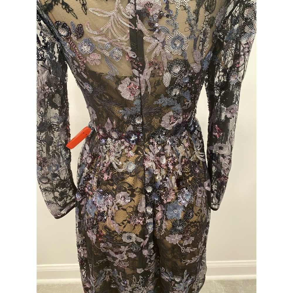 MacDuggal Illusion Floral Long Sleeve Fit Flare Dress Black Beaded Sequin NWT 4 - Picture 6 of 16